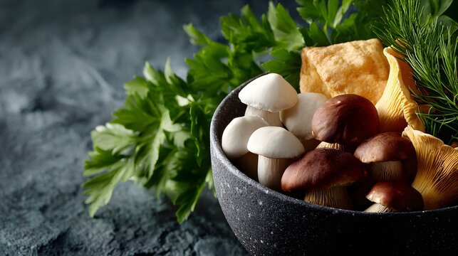 Assorted forest mushrooms and herbs in ceramic bowl