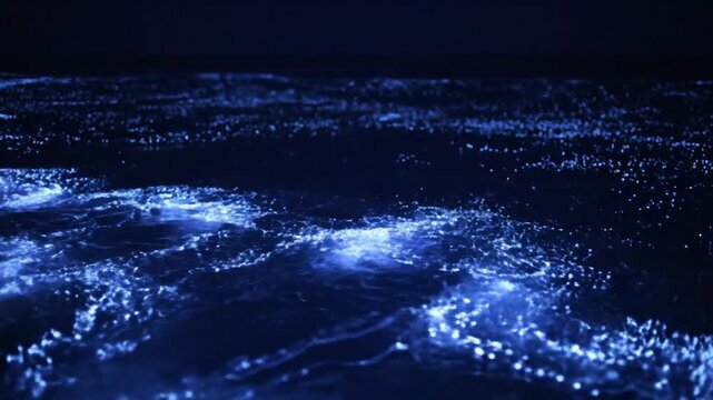 Bioluminescent ocean waves glowing brightly at nighttime