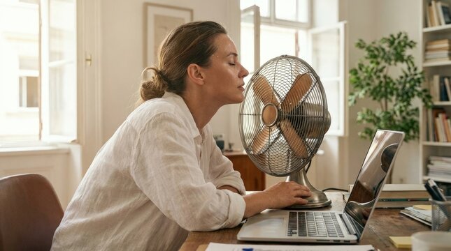 Professional woman suffering from intense summer heat, finding refreshing comfort, enjoying the cooling breeze of an electric fan, working at her home office during a sweltering day