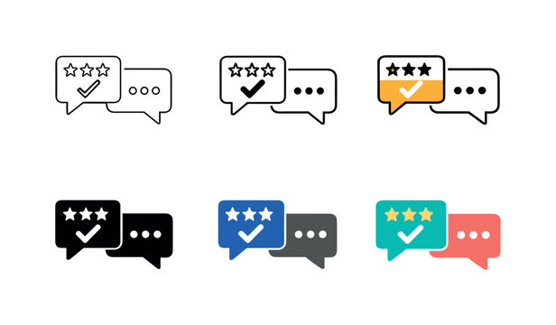 Feedback system icon showing stylized speech bubbles, star ratings, checkmarks, and comment symbols representing customer