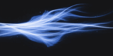Abstract blue smoke swirls in a smooth flowing wave pattern against a dark black background to create an artistic motion design with curved light shapes and purple energy textures © BIG PROBLEM