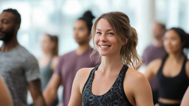 Smiling woman in a patterned workout top leads a group in a bright gym; others blur behind her, energy high as they exercise together