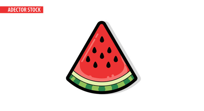 Cartoon watermelon slice with seeds and green rind isolated on white background