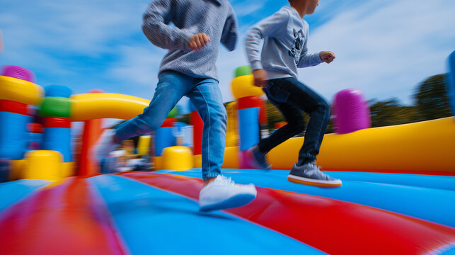 Children jumping on colorful inflatable playground outdoors in summer activity scene