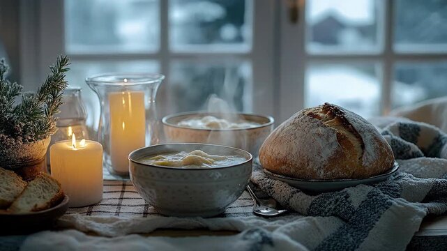 A cozy winter meal arrangement with steam rising from hot soup bowls, glowing candle light providing warmth, fresh baked sourdough bread, rustic plaid fabric on a wooden table.