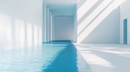 Fototapeta premium Sunlit indoor pool in a minimalist white building.