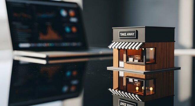 Model miniatur kedai kopi bawa pulang di atas meja kaca dengan latar belakang laptop menampilkan data analitik
