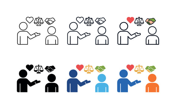 Character building teaching icon depicting a mentor or teacher presenting symbolic elements of ethics, respect, and values to a