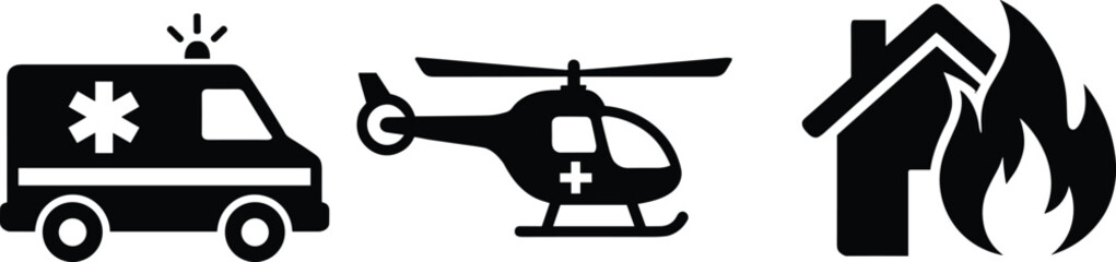 Fototapeta premium Emergency response icon collection illustration, ambulance helicopter fire vector art, rescue design concept, creative disaster relief graphic set