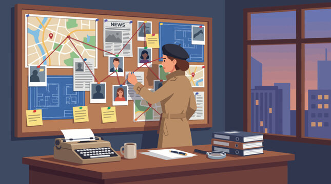 This engaging image shows a detective studying a board filled with clues, photos, and maps, embodying the intrigue and complexity of solving a mystery investigation.