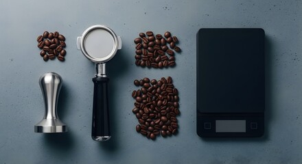 Obraz na płótnie Canvas Tampilan atas peralatan pembuat kopi espreso termasuk biji kopi portafilter pemadat dan timbangan digital di atas meja abu-abu