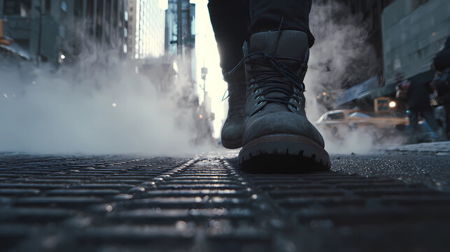 Low angle shot of boots walking on a metal grate with steam rising from a city street, Generative AI illustrations.
