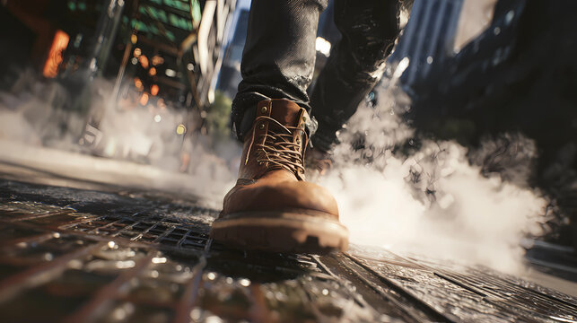 Low angle shot of boots walking on a metal grate with steam rising from a city street, Generative AI illustrations.