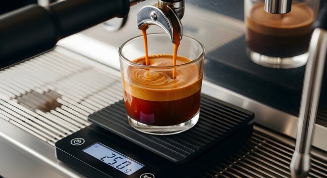 Mesin kopi espreso mengekstraksi minuman panas ke dalam gelas di atas timbangan digital dengan indikator presisi