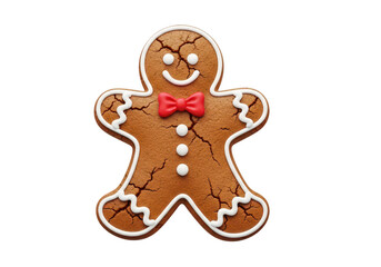 Obraz premium A festive gingerbread man cookie decorated with a bright red bow tie and white icing details isolated on transparent background