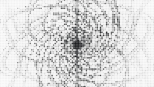 Abstract background of black dots on gray grid creating swirling pattern with dark center, digitally generated.