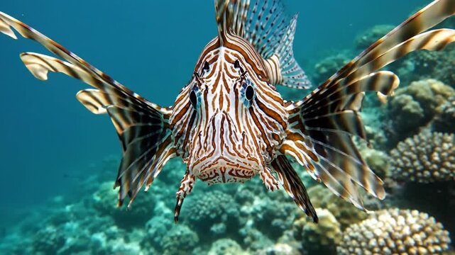 Lionfish showing off its fins underwater in clear ocean waters