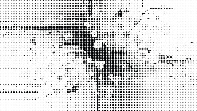 Abstract chaotic pattern of black dots and lines on transparent gray background, digital glitch effect.
