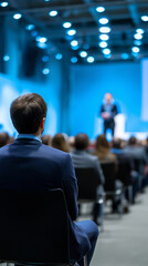 Fototapeta premium Speaker presenting on stage in front of audience with colorful lights representing conference, event and public speaking.