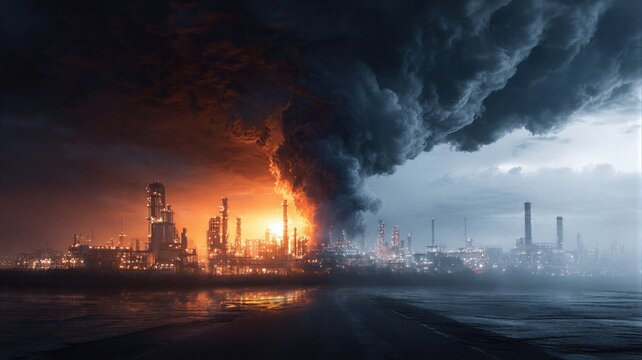 Industrial plant on fire after attack during war. Destroyed factory structure with toxic smoke and flames. Concept of military conflict, ecological disaster and global energy crisis.
