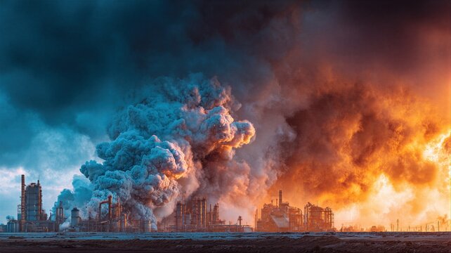 Industrial plant exploding with thick dark smoke clouds. Oil refinery fire from war damage or accident. Catastrophe and infrastructure destruction crisis concept for news report.