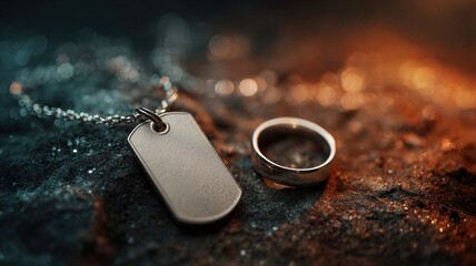 Obraz premium Soldier identification tag and wedding ring on dark stone ground. Symbol of loss and sacrifice during military conflict. Memory and tribute to fallen hero in wartime. Sad atmosphere.