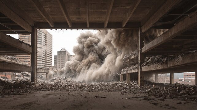 Building demolition causing massive dust cloud and rubble inside abandoned industrial structure. Military explosion aftermath or controlled urban implosion concept for city destruction.
