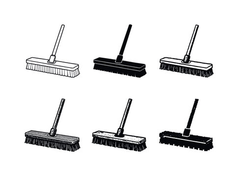 Push broom with wide rectangular brush and sturdy pole, intended for sweeping larger floor areas | Create ONE image containing