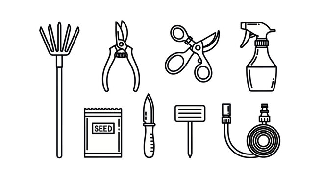 Gardening tools and equipment set.