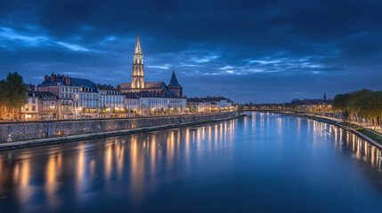 Obraz premium Riverfront cityscape at dusk with illuminated church tower, calm canal reflections