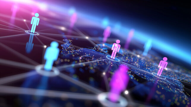 Glowing social network figures connected in digital grid representing communication, community and online interaction.