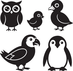 Fototapeta premium Black and white of five cute cartoon penguins standing in a row five penguins