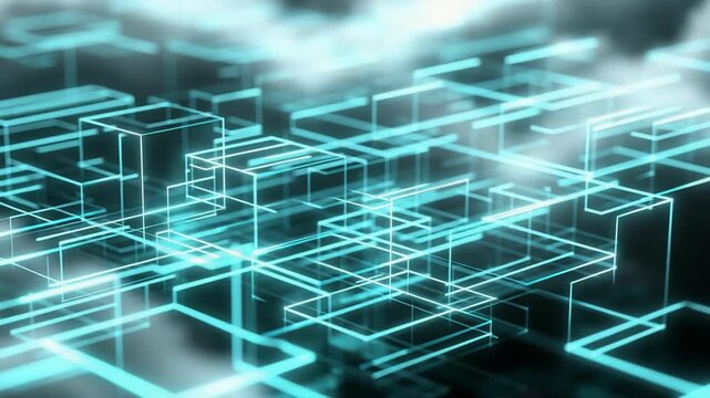 Glowing blue lattice of translucent cubes floats in a dark, foggy digital landscape; neon lines craft a 3D grid, evoking a futuristic network