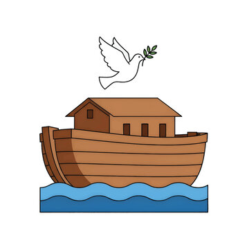 Flat Vector Illustration of Noah's Ark with Dove and Olive Branch