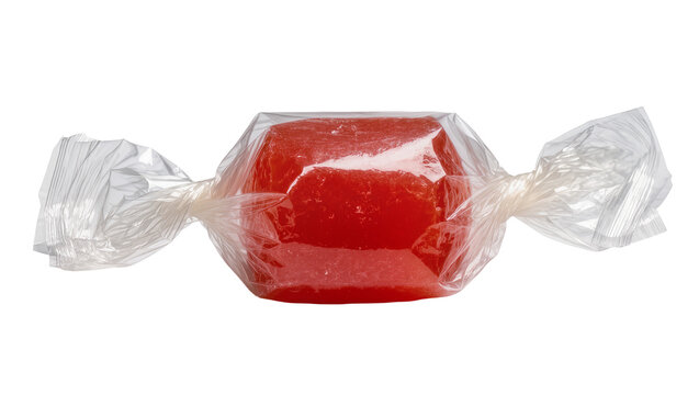 Red hard candy wrapped in clear cellophane, isolated on transparent background