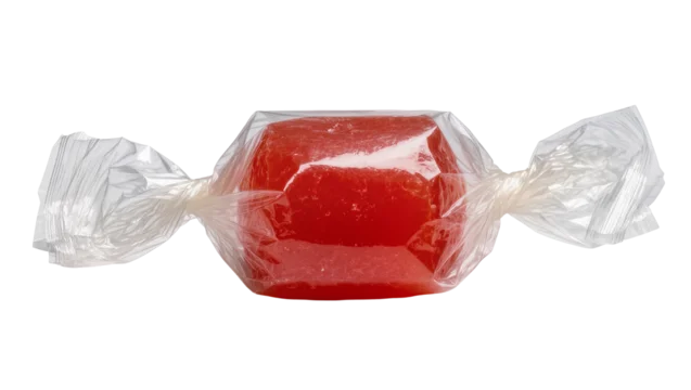 Red hard candy wrapped in clear cellophane, isolated on transparent background