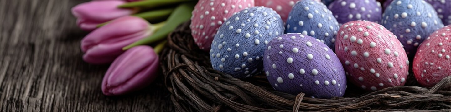 Close up of colorful pastel Easter eggs with white dots in wicker basket and pink tulips on rustic wooden surface.