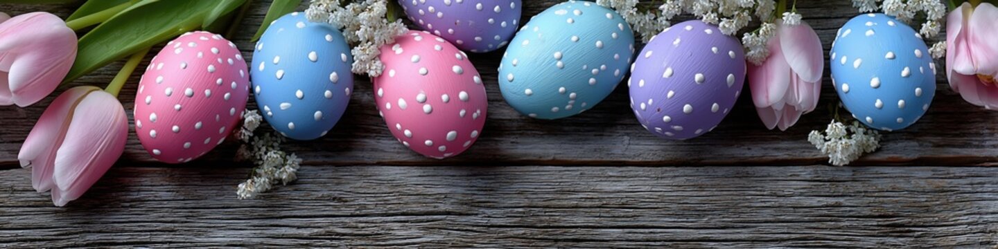 Top view of colorful pastel Easter eggs with white dots and pink tulips on rustic wooden surface.