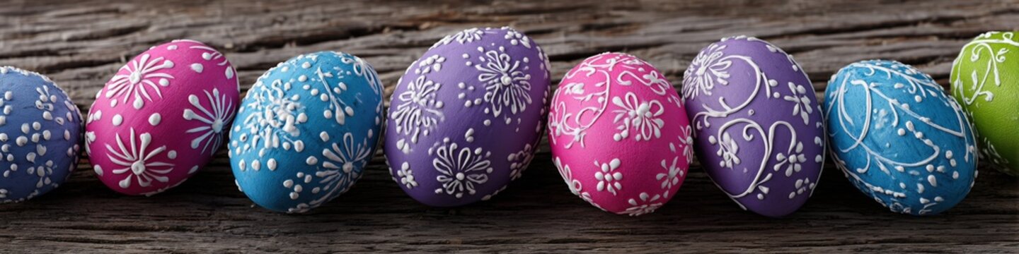 Row of colorful Easter eggs with floral patterns on rustic wooden background
