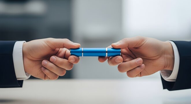 Two individuals exchanging a pen symbolizing a business agreement or partnership.