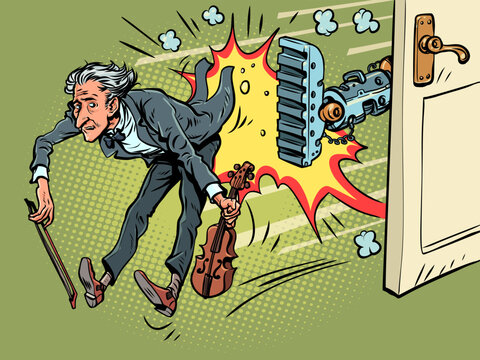 AI takes over jobs. The musician is out of work. Artificial intelligence is taking over humanity.