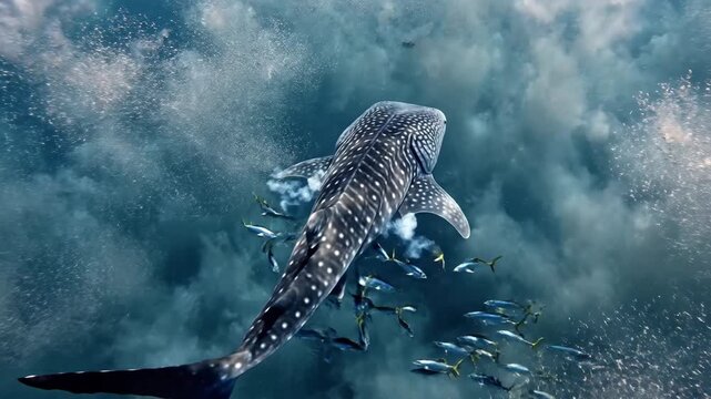 Giant whale shark swimming underwater with small fish around