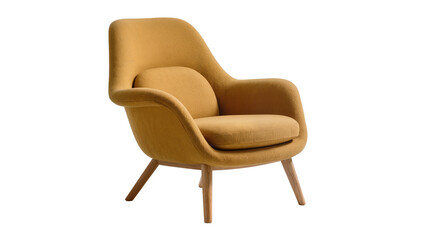 Fototapeta premium Mustard yellow upholstered armchair with wooden legs, isolated on transparent background