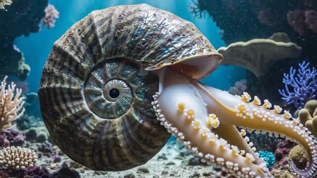 Octopus emerging from a shell in underwater environment