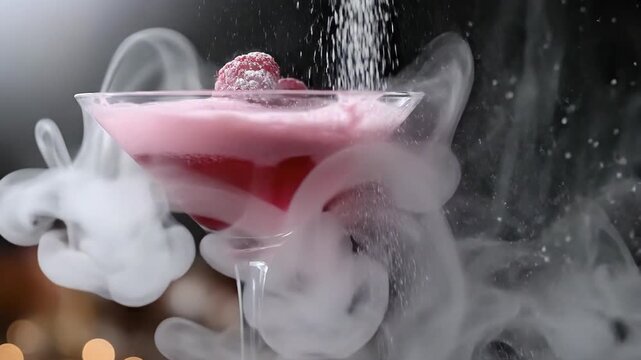 Vibrant pink cocktail beverage preparation, featuring falling sugar dust, swirling cool smoke vapor, and fresh raspberry garnish in a delicate martini glass, creating a dramatic chilling effect.