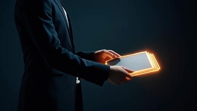 Businessman holding glowing digital folder, presenting secure data information and important confidential documents 
