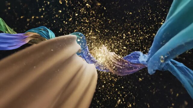 Abstract flowing fabric ribbons in vibrant colors with sparkling particles.