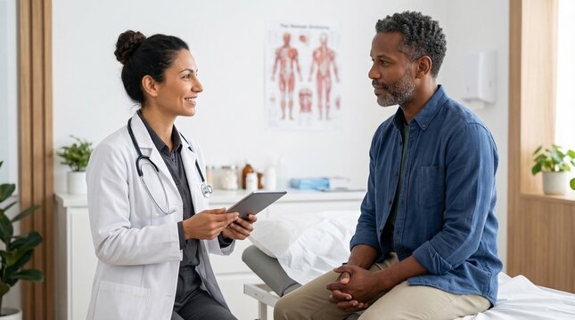 A smiling female doctor, wearing a white lab coat and stethoscope, consults with an older Black male patient. He sits on an examination bed, listening as she holds a tablet, in a bright clinic