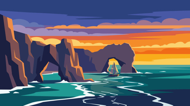 This captivating artwork depicts a coastal landscape, featuring rugged cliffs and a serene sea illuminated by a vibrant sunset, evocative of tranquility and natural beauty.