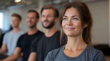 Fototapeta premium A confident woman smiles while participating in a professional meeting surrounded by supportive colleagues in a modern workspace setting